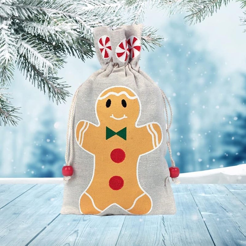 Christmas Candy Bags Set Of 10 Gingerbread Man Drawstring Pouches 13x23cm Cotton Fabric - Image 2